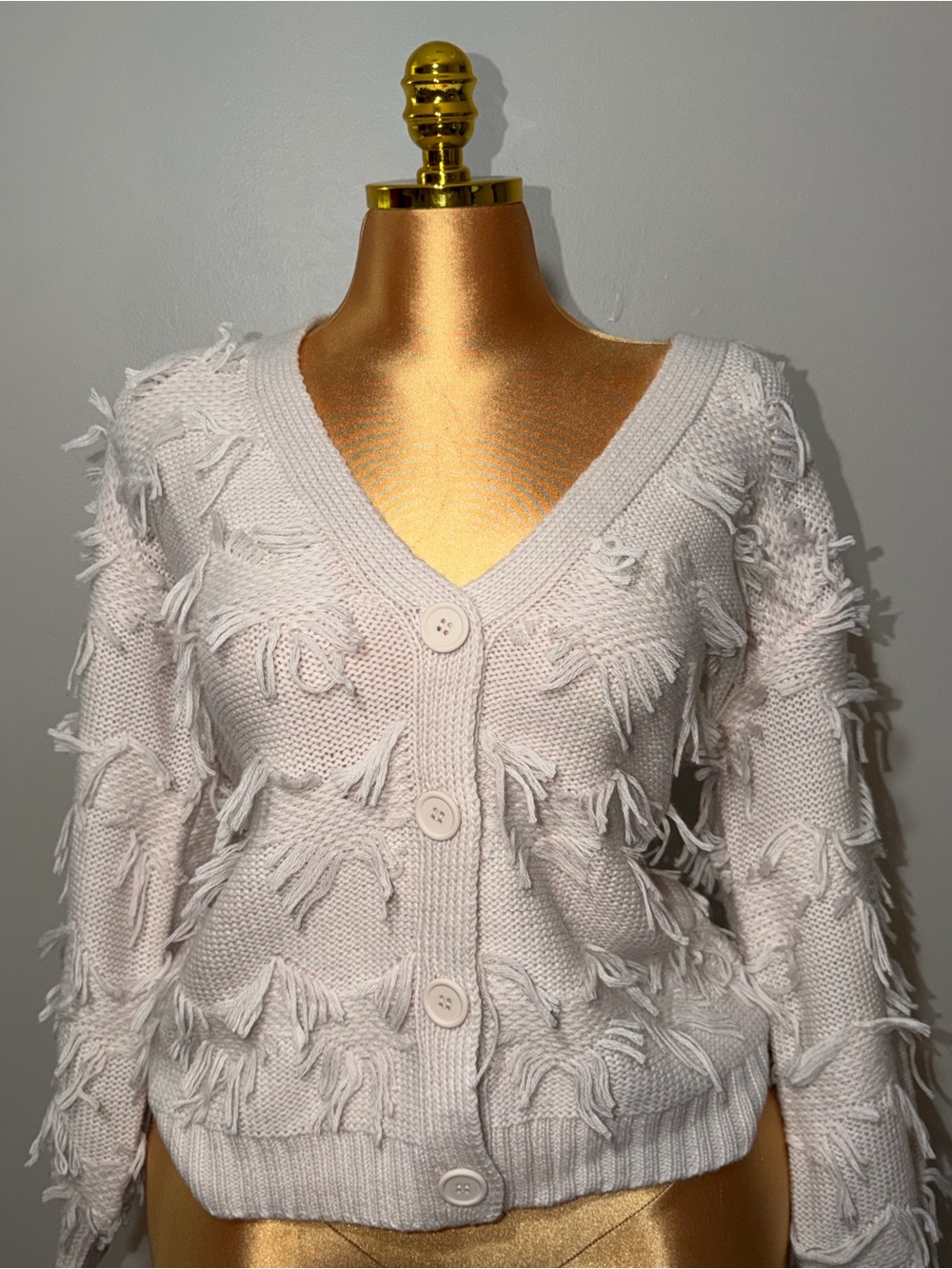 525 America Cream Fringe Knit Button Cardigan